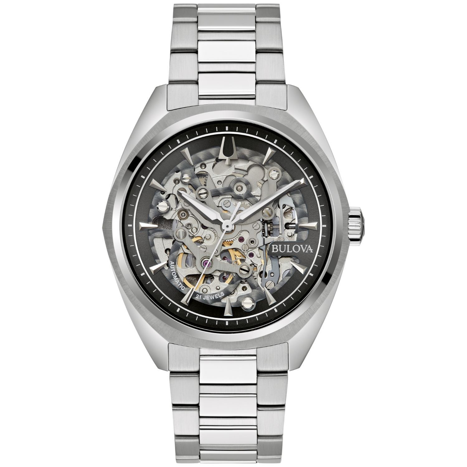 Bulova silver skeleton store dial men's automatic watch
