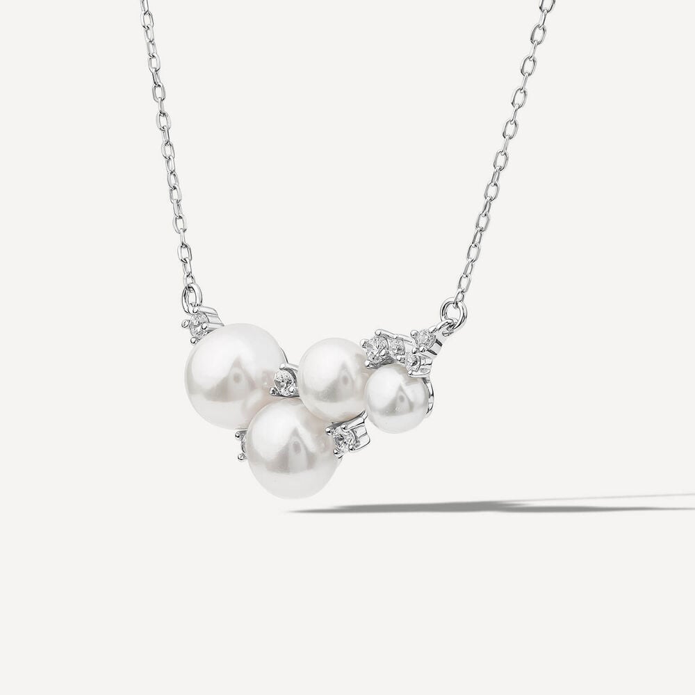 Sterling Silver Pearl & Cubic Zirconia Cluster Necklet