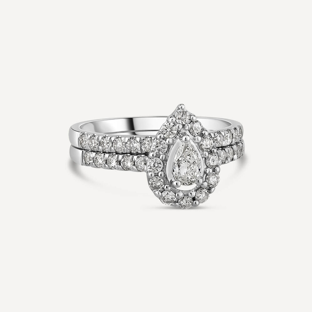 18ct White Gold With 1 Carat Pear Shaped Diamond Halo Cluster Stone Set Bridal Ring image number 2