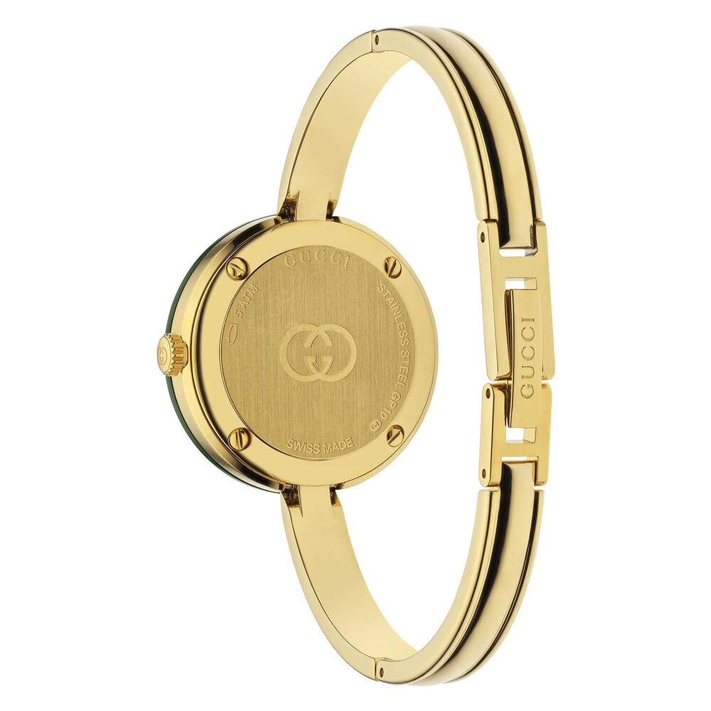 Gucci Play 28mm White Dial Interchangable Bezels Gold Tone Bangle Watch