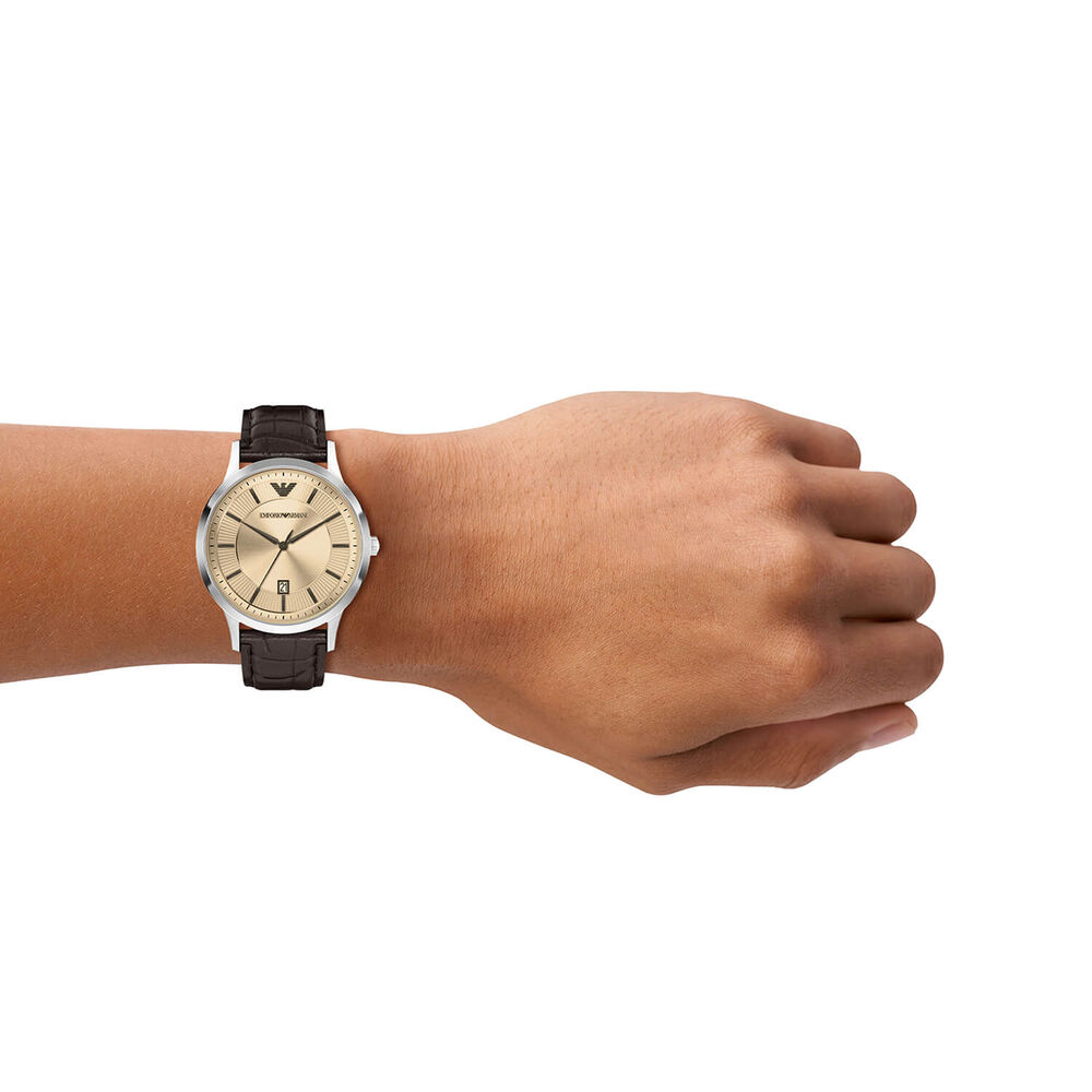 Emporio Armani Renato 43mm Beige Dial Brown Leather Strap Watch