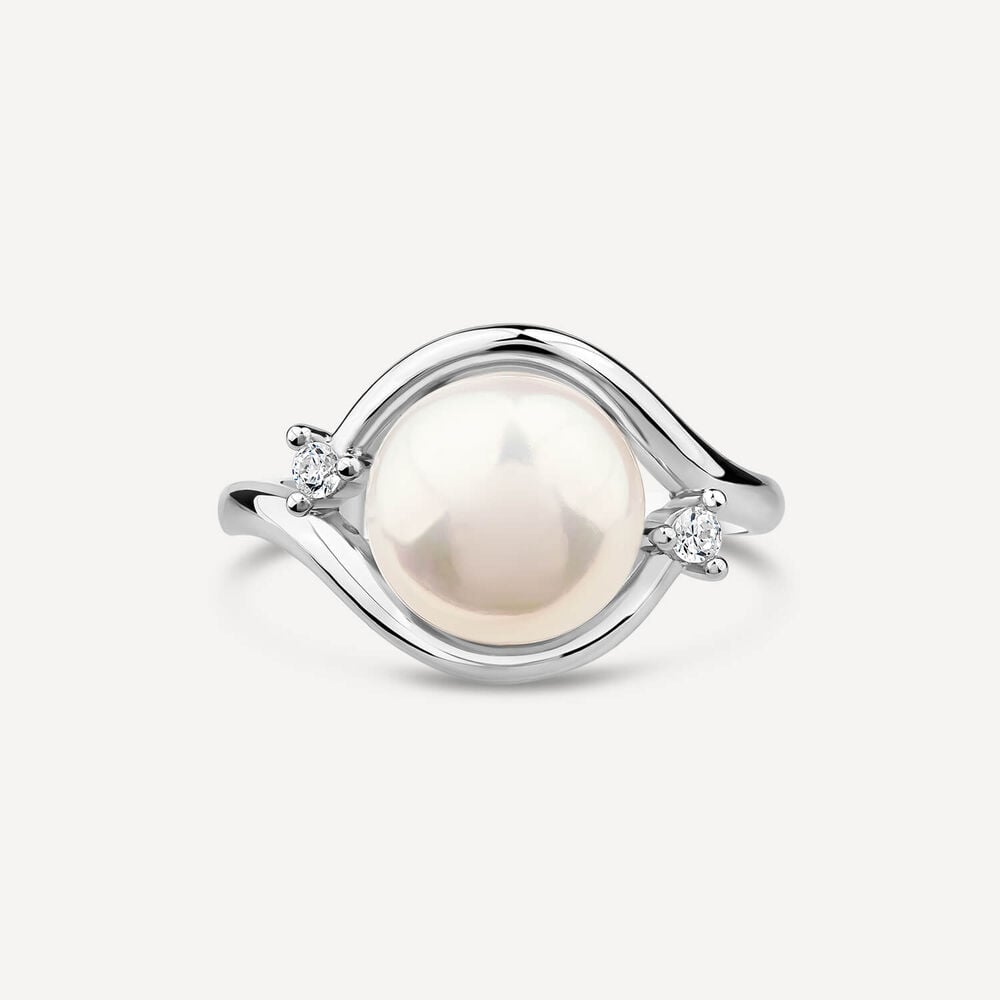 9ct White Gold Freshwater Pearl Cubic Zirconia Sides Ring image number 1