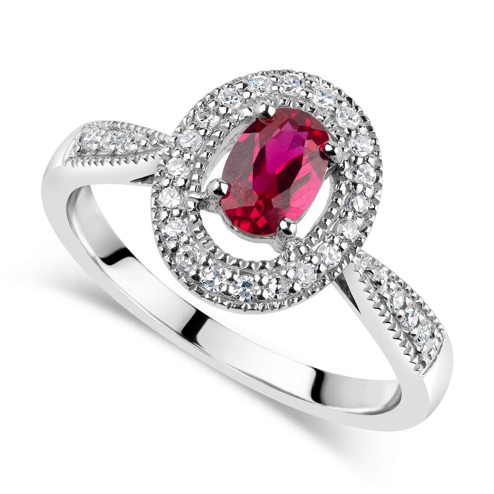 9ct White Gold 0.17ct Diamond and Created Ruby Pave Halo Ring image number 0
