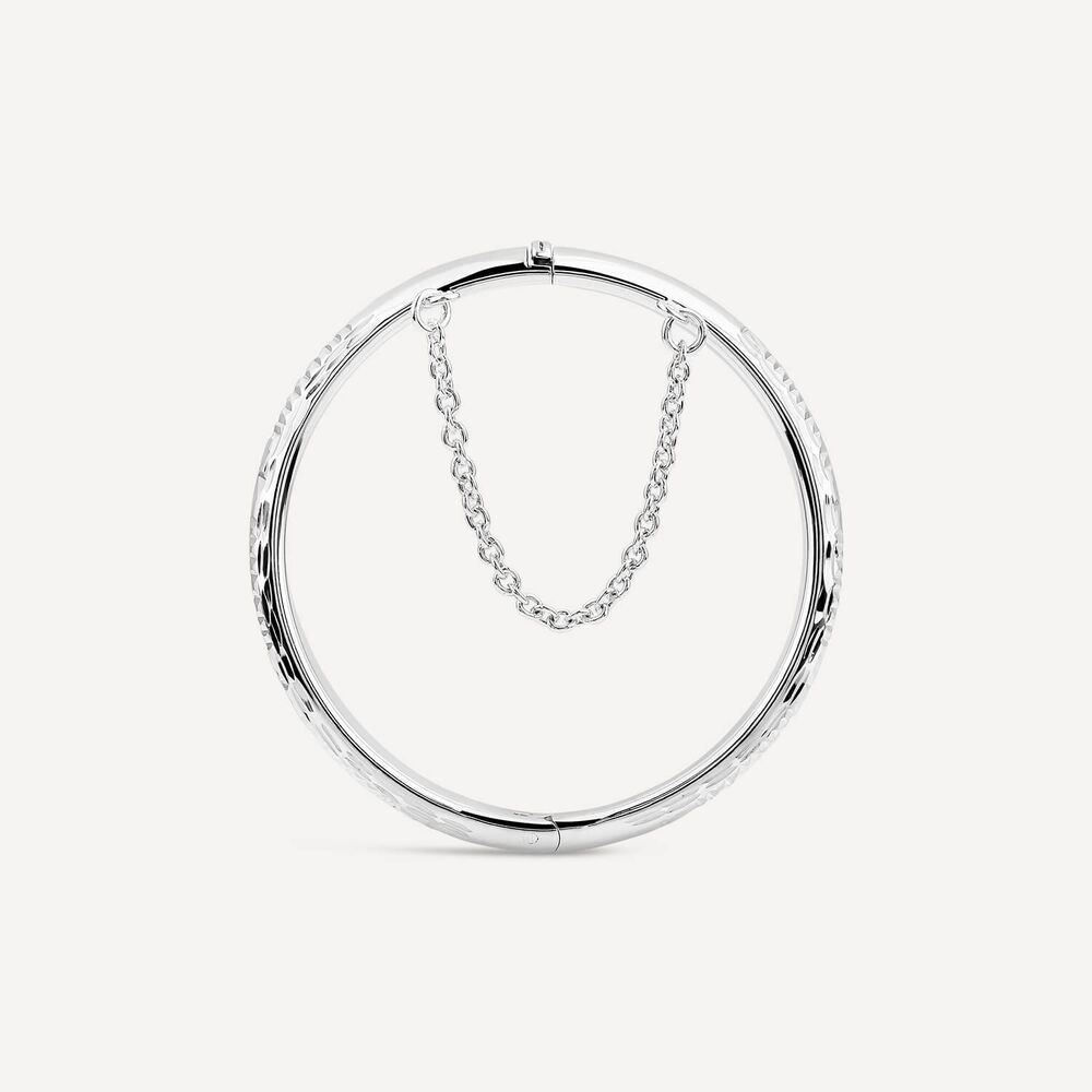 Sterling Silver Lines & Flower Engraved Safety Chain Baby Bangle image number 4