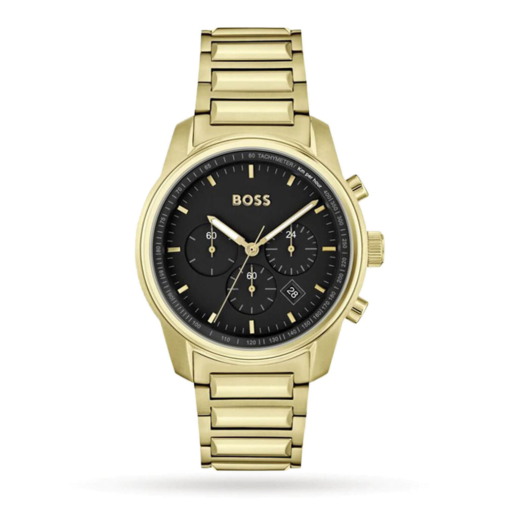 BOSS Trace 44mm Black Dial Yellow Gold IP Watch