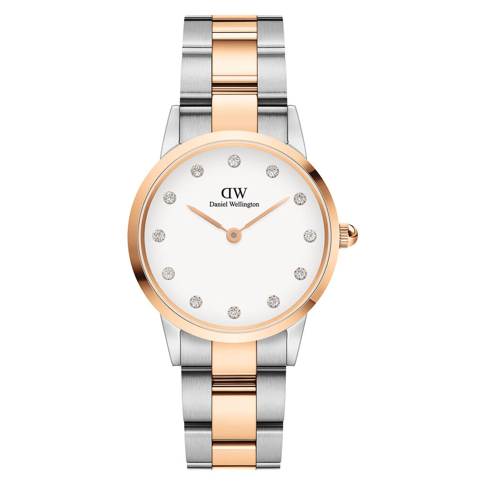 Daniel Wellington Iconic Link Lumine 28mm White Dial Cubic Zirconia Steel Rose Gold Case Bracelet Watch
