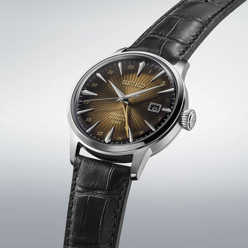 Seiko Presage Cocktail Time 'Rusty Nail' GMT 40.5mm Gradation Brown Dial Leather Strap Watch image number 2