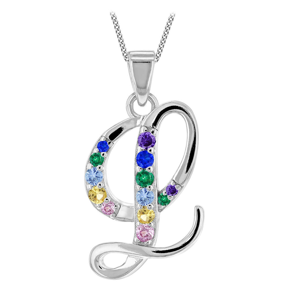 Sterling Silver Coloured Stone Set Initial "L" Pendant - Chain Included