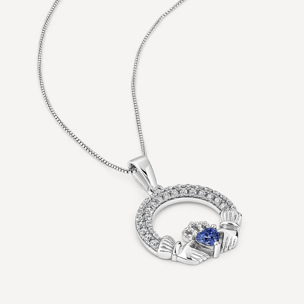 Sterling Silver September Birthstone Pave Cubic Zirconia Claddagh Pendant image number 3