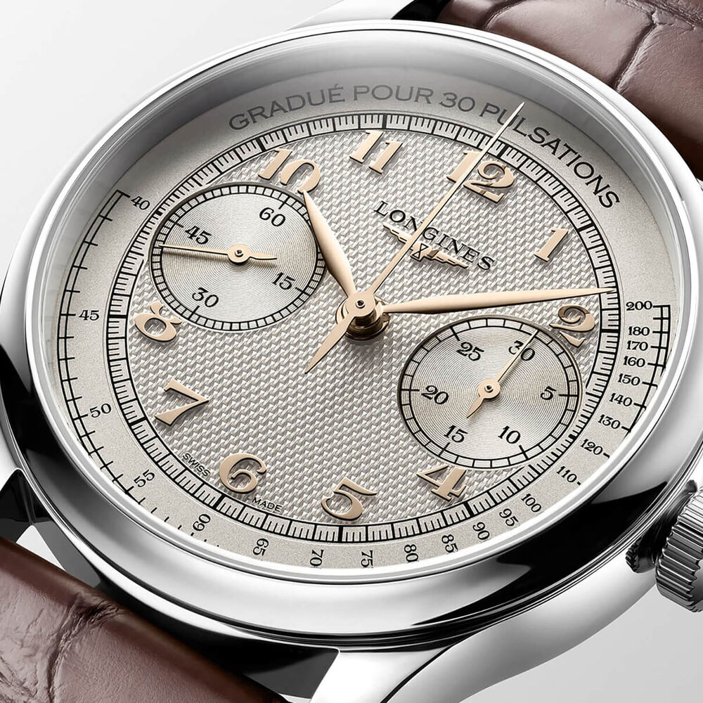 Longines Master Collection Chrono Monopusher 41mm Silver Barleycorn Dial Leather Strap Watch