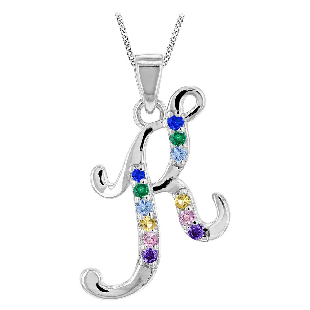 Sterling Silver Coloured Stone Set Initial "K" Pendant - Chain Included image number 0