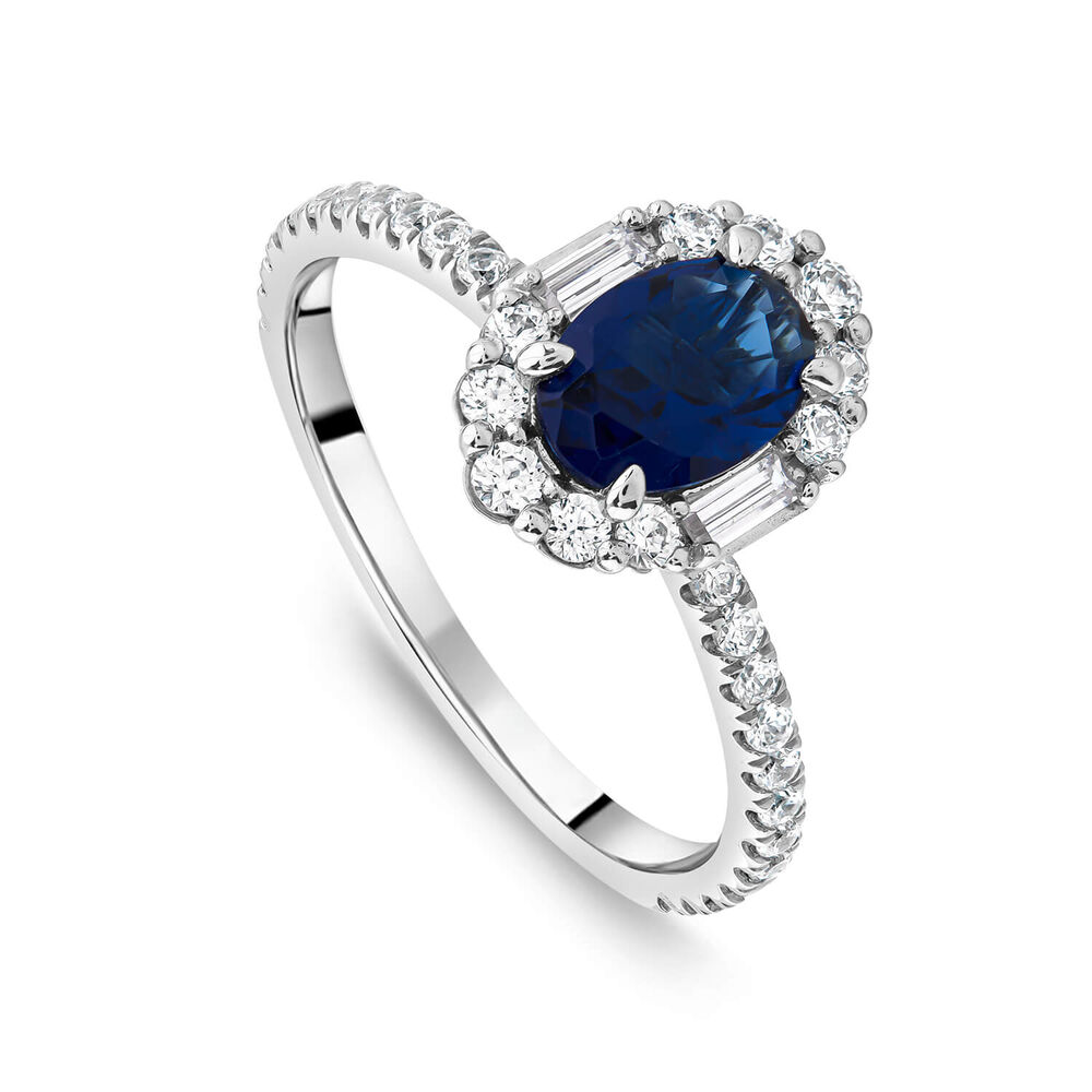 Platinum Sapphire Centre 0.48ct Diamond Halo Baguette & Shoulders Ring