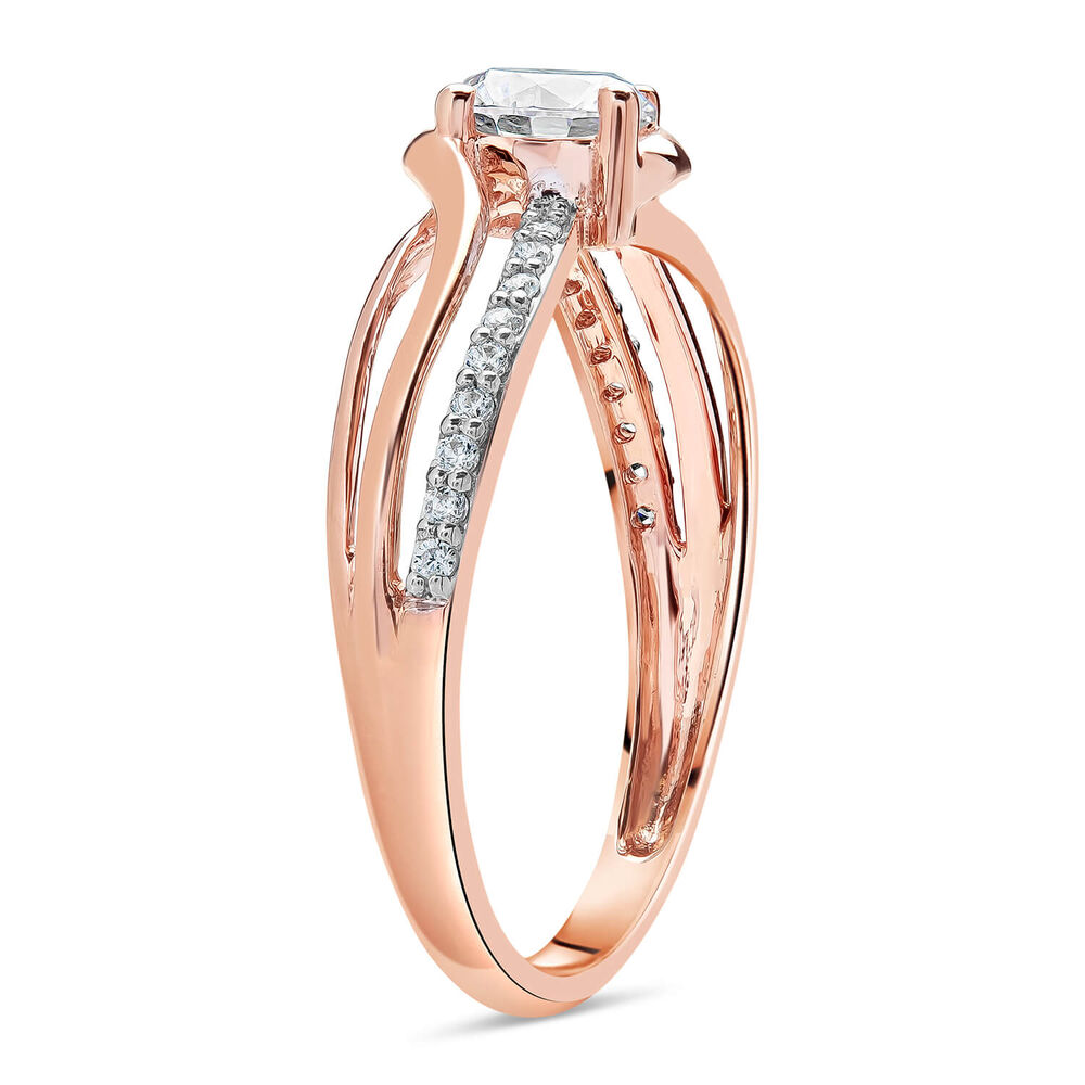 9ct Rose Gold Cubic Zirconia Solitaire Open X Over Shoulders Ring image number 3