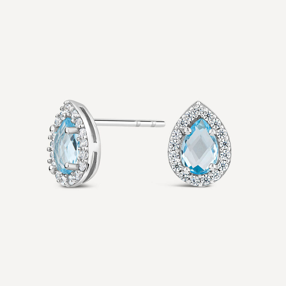 9ct White Gold Pear Blue Topaz & Cubic Zirconia Stud Earrings