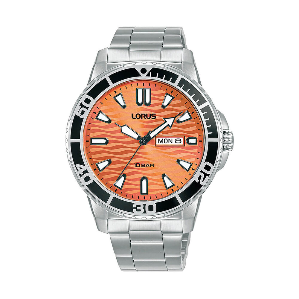 Lorus Quartz Gents 42mm Orange 'Seigaiha-mon' Dial Black Bezel Steel Bracelet Watch image number 0