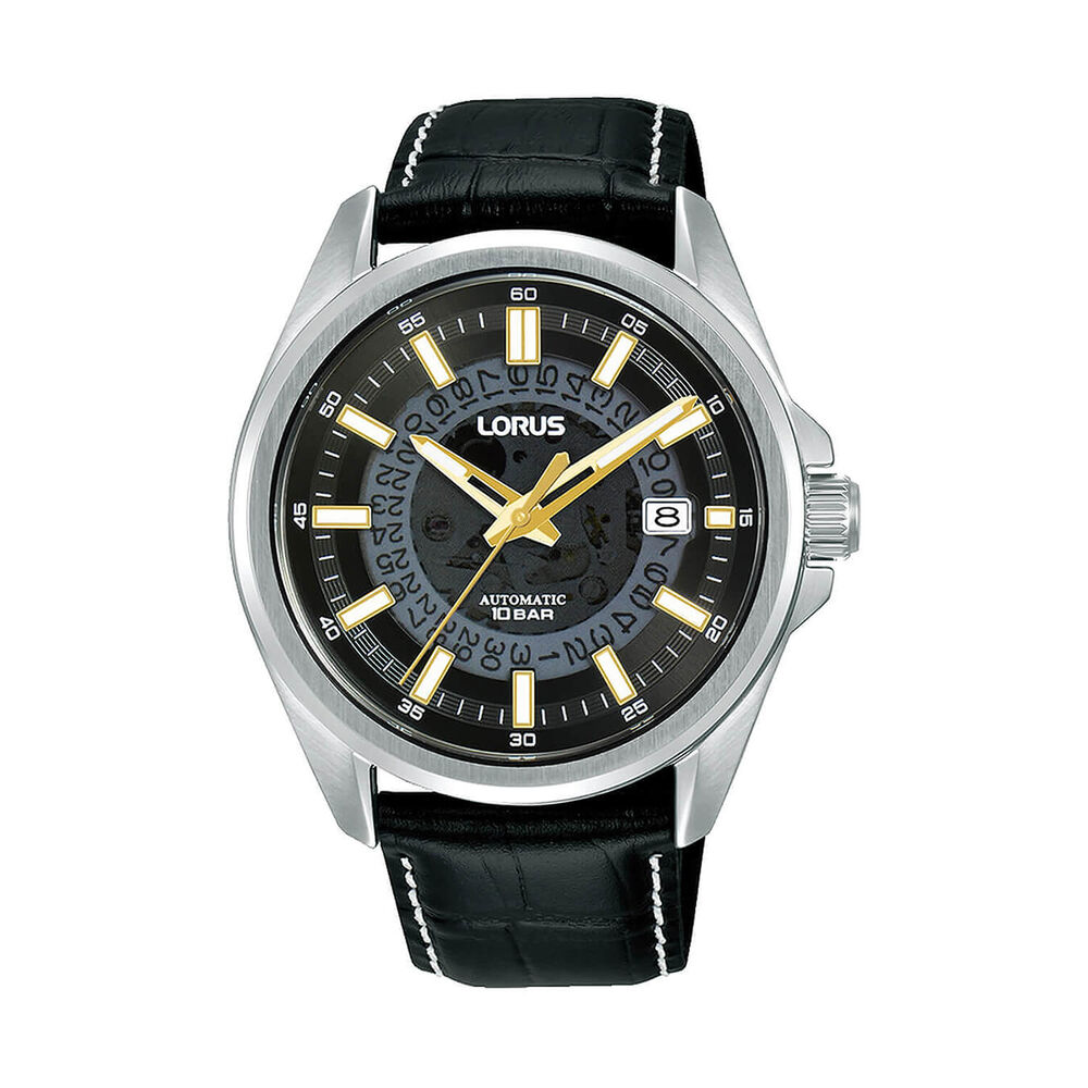 Lorus Automatic Gents 43mm Black Dial Gold Hands Black Leather Strap Watch