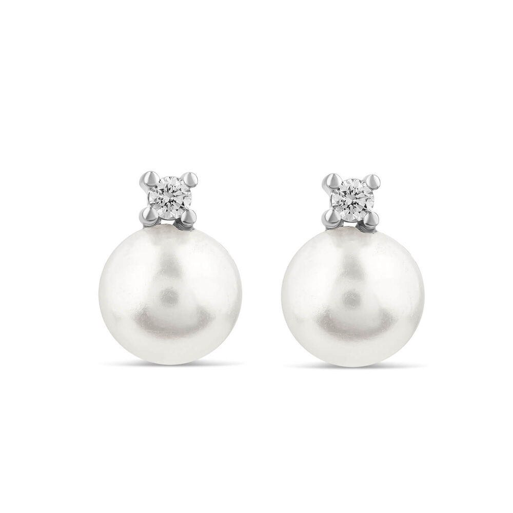 9ct White Gold Cultured Pearl & 0.07ct Diamond Top Set Stud Earrings image number 0