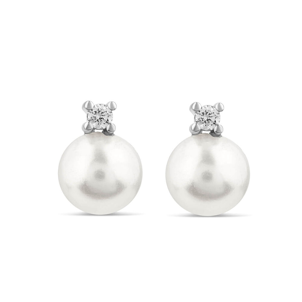 9ct White Gold Cultured Pearl & 0.07ct Diamond Top Set Stud Earrings