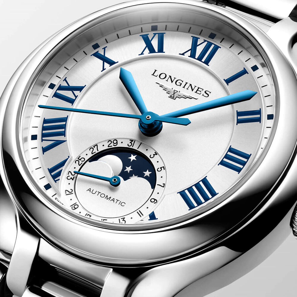 Longines Elegance Primaluna 34mm Silver Dial Moonphase Date Steel Bracelet Watch image number 1