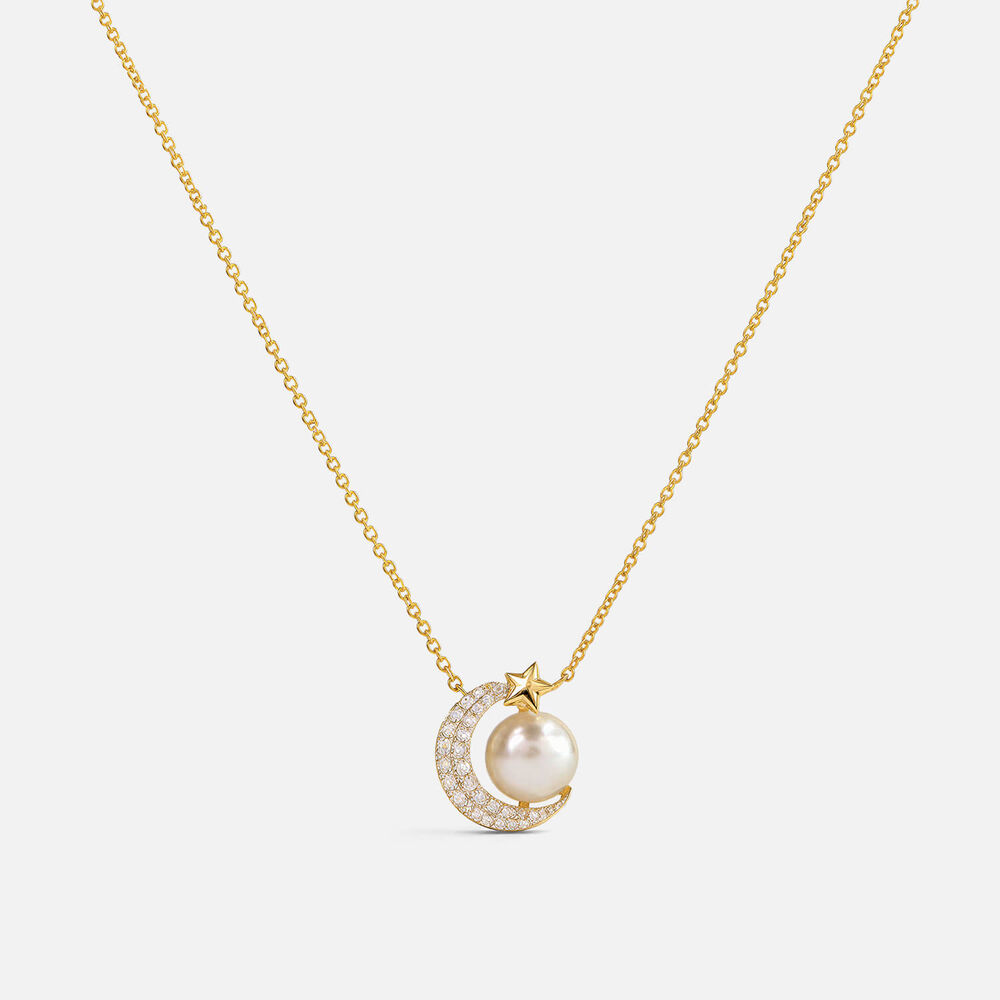 9ct Yellow Gold Freshwater Pearl 0.08ct Pave Diamond Crescent Moon & Star Necklet