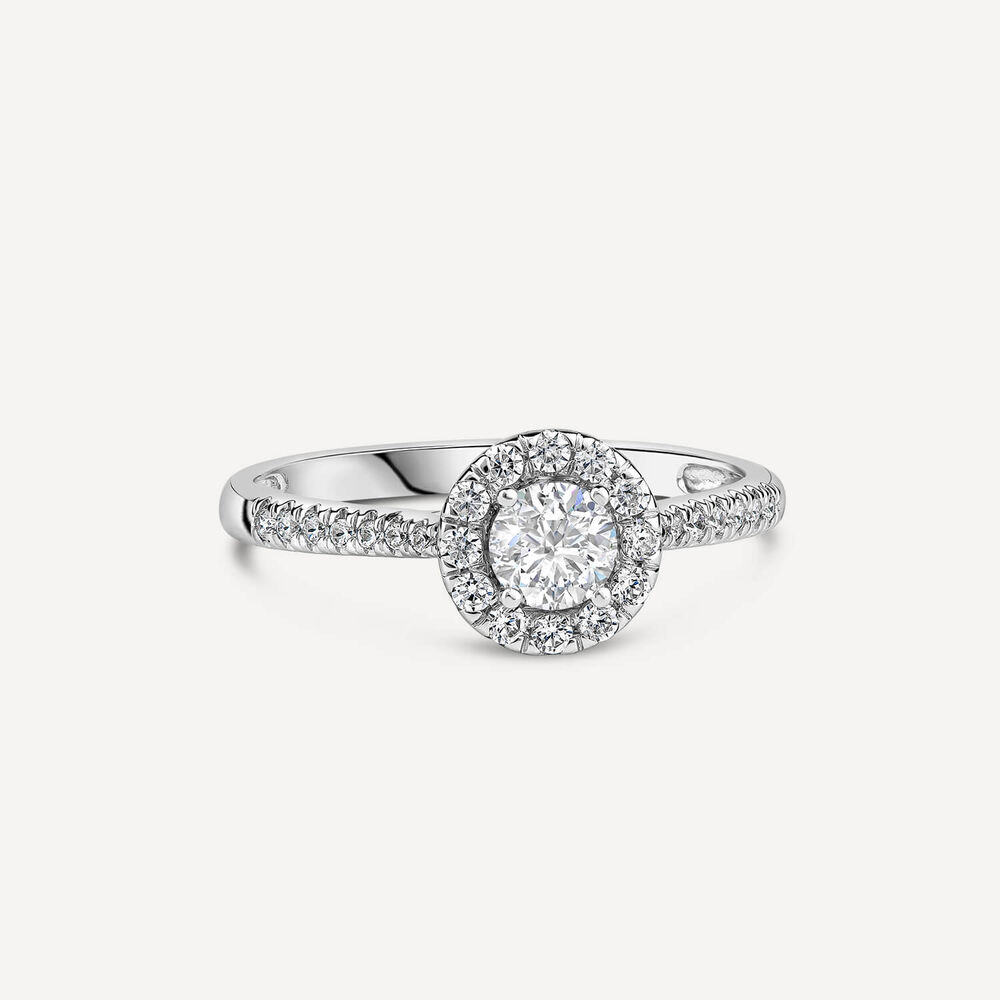 18ct White Gold Tulip Setting Halo Stone Shoulders 0.50 Carat Diamond Ring image number 2