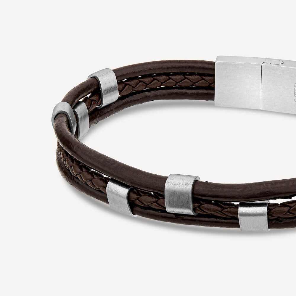 Gents Steel & Brown Leather 3 Strap Bracelet
