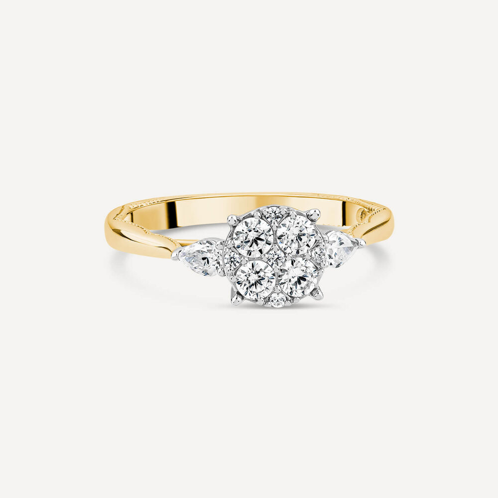 Kathy De Stafford 18ct Yellow Gold 'Amira' 0.50ct Diamond Round Cluster Pear Shoulders Ring image number 2