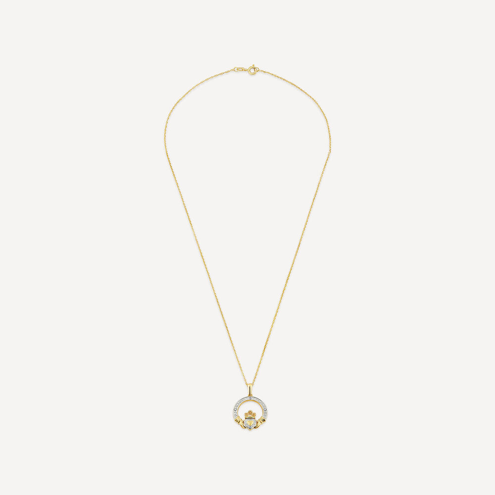 14ct Yellow Gold Diamond Claddagh Pendant image number 2