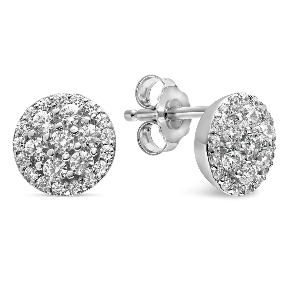Ladies Sterling Silver Cubic Zirconia Cluster Stud Earrings image number 1
