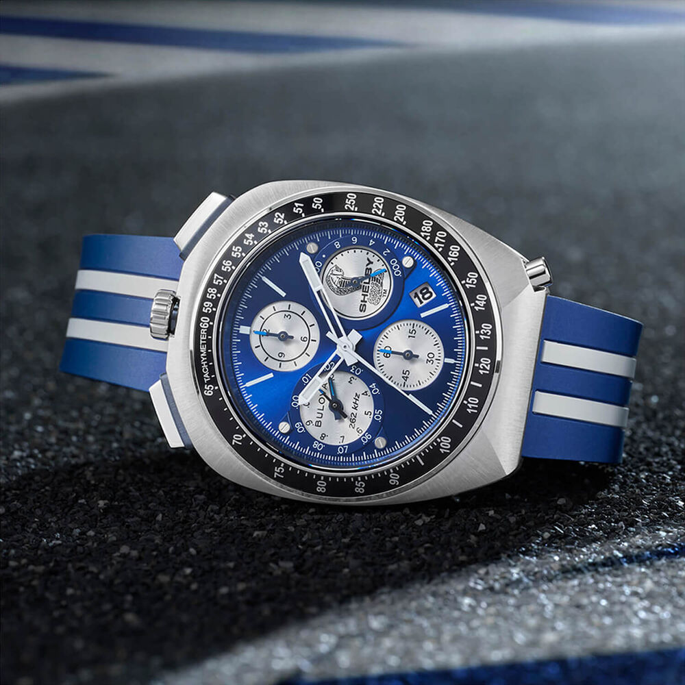 Bulova Shelby Racing Chronograph 43mm Blue Dial Striped Rubber Strap Watch image number 8