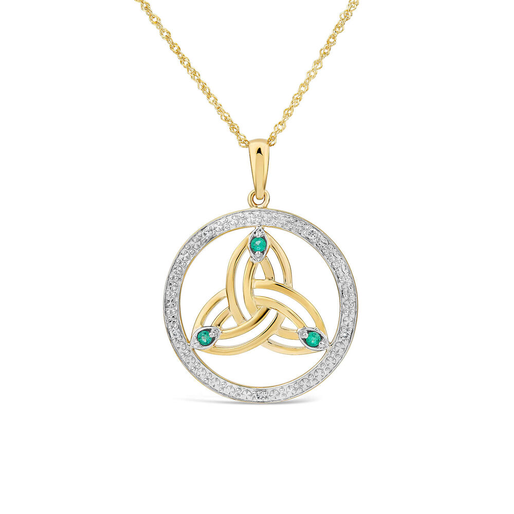 14ct Yellow Gold Diamond & Emerald Trinity Knot Round Pendant