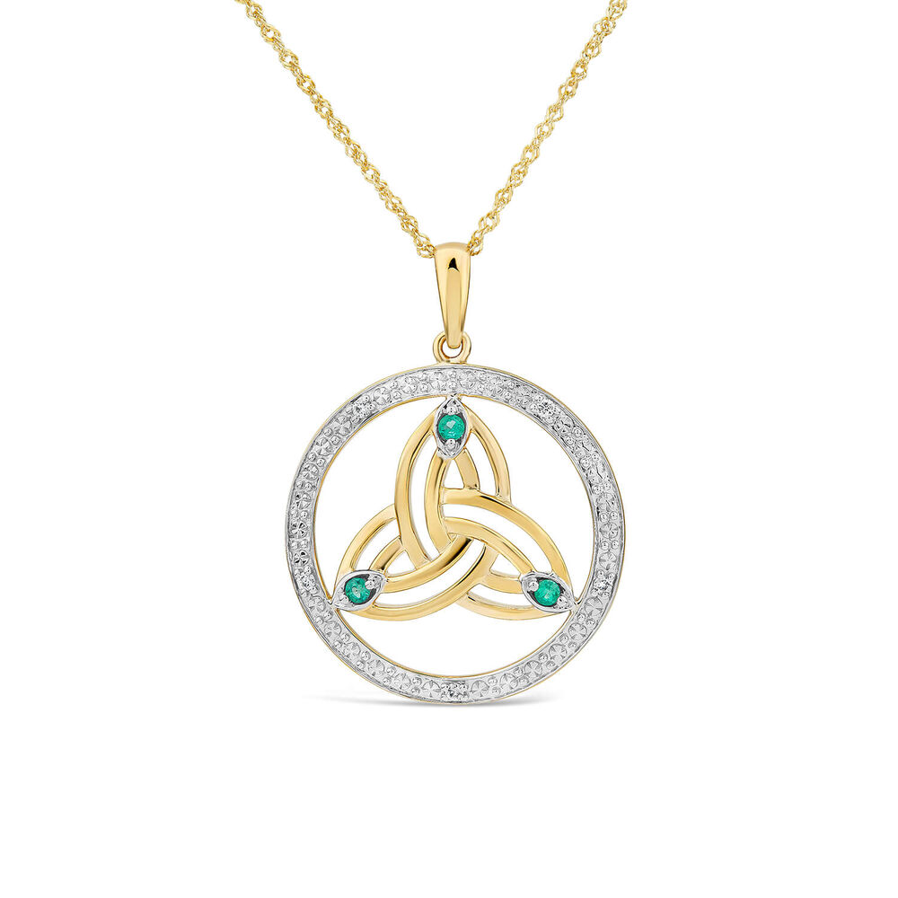 14ct Yellow Gold Diamond & Emerald Trinity Knot Round Pendant image number 0