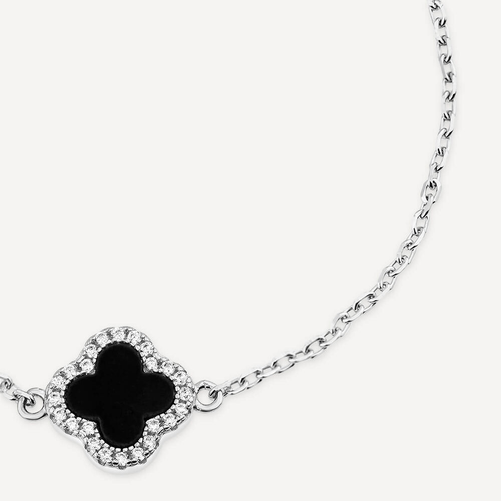 Sterling Silver Black Centre Cubic Zirconia Set Clover Petal Bracelet image number 1