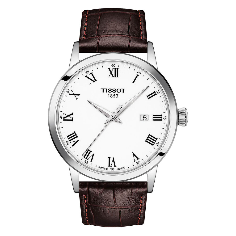 Tissot Classic Dream 42mm White Dial Roman Numerals Steel Case Brown Strap Watch