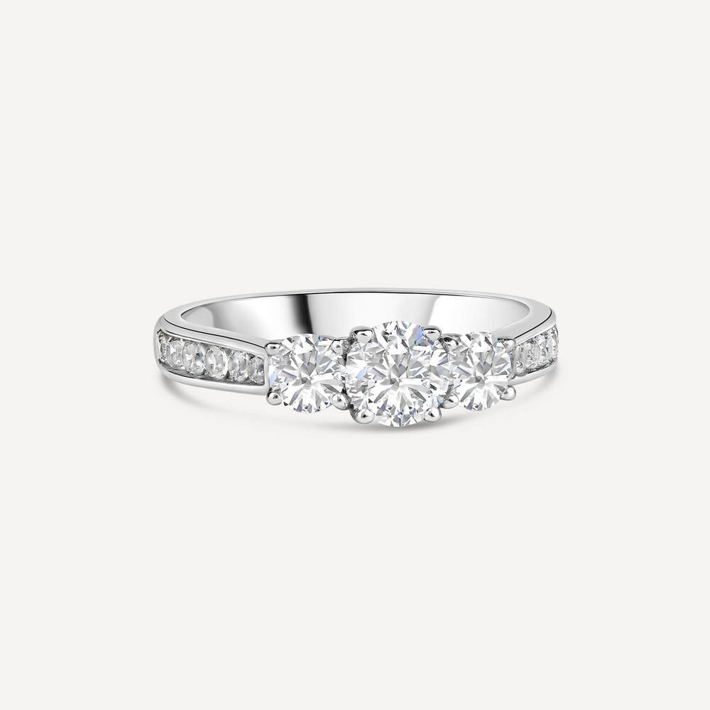 18ct White Gold Tulip Setting Three Stone 1.25 Carat Diamond Shoulders Ring image number 2