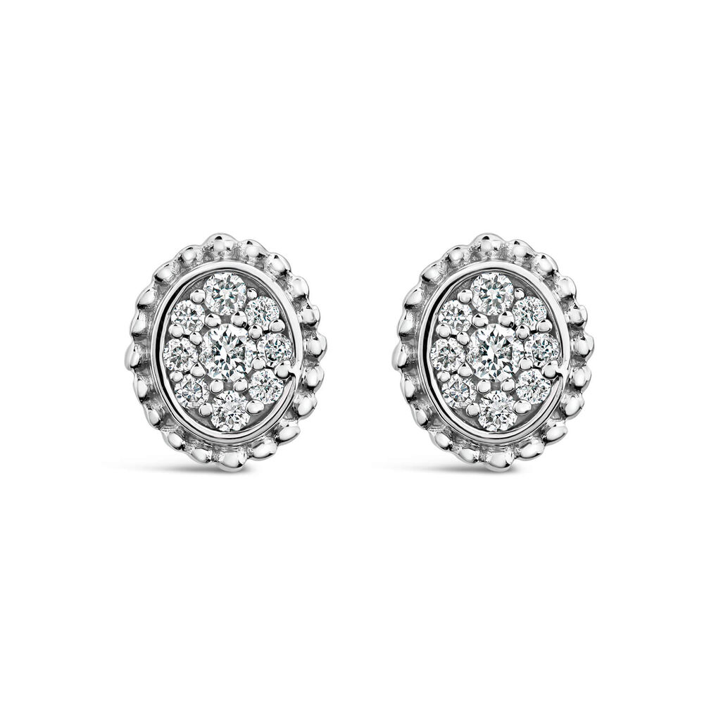 9ct White Gold 0.10ct Diamond Mystere Beaded Edge Oval Stud Earrings