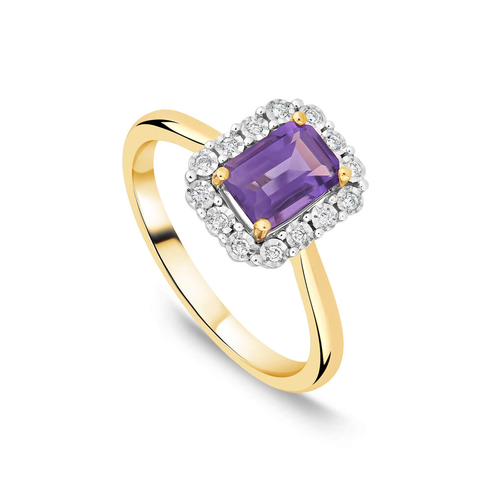 9ct Yellow Gold Rectangular Amethyst Centre 0.06ct Diamond Halo Ring