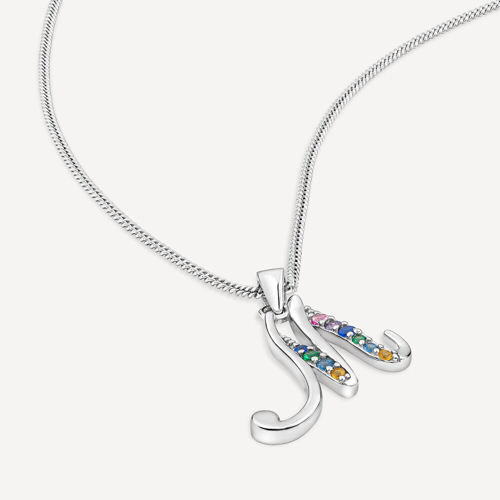 Sterling Silver Coloured Stone Set Initial "M" Pendant - Chain Included image number 3