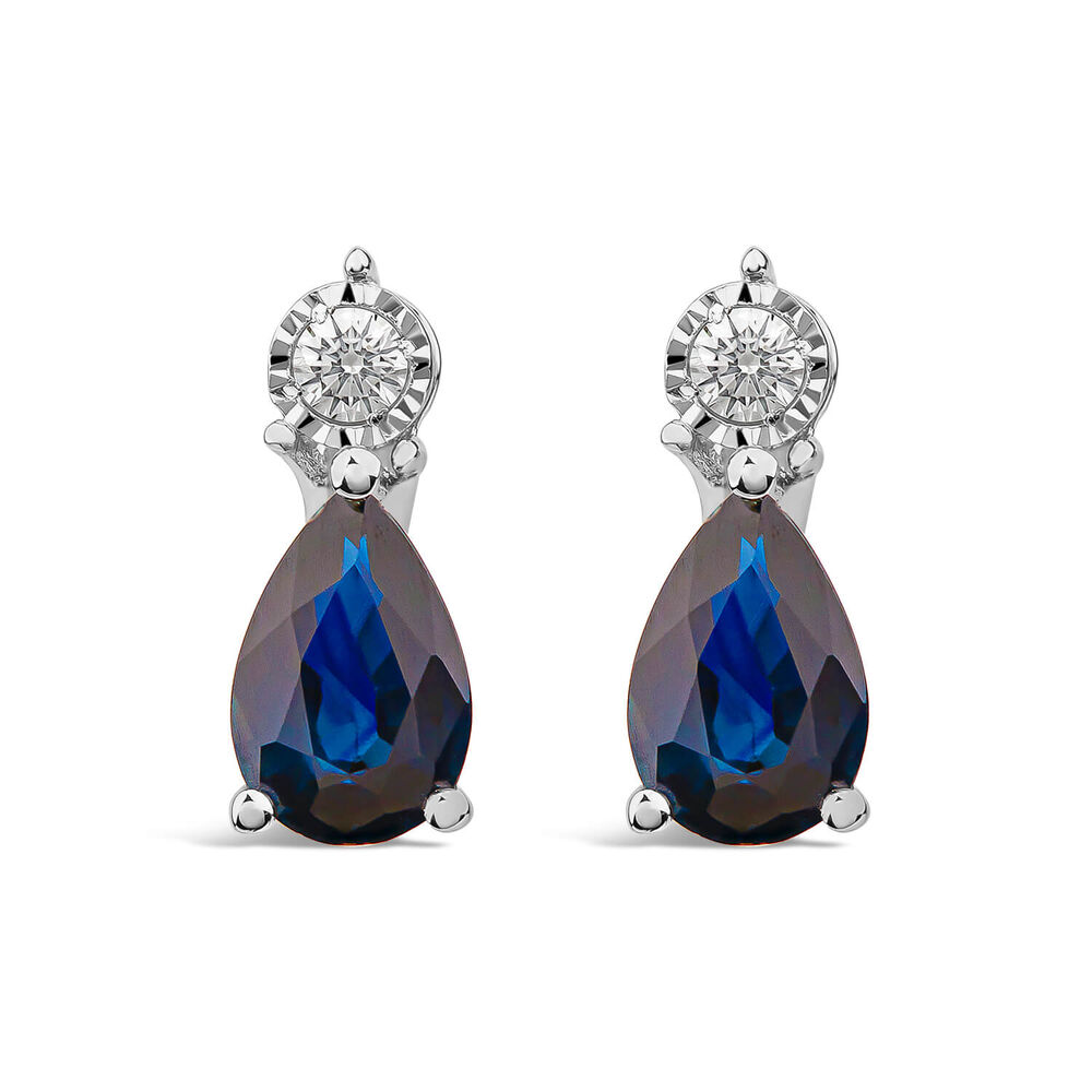 9ct White Gold Pear Sapphire & Diamond Top Drop Earrings image number 0