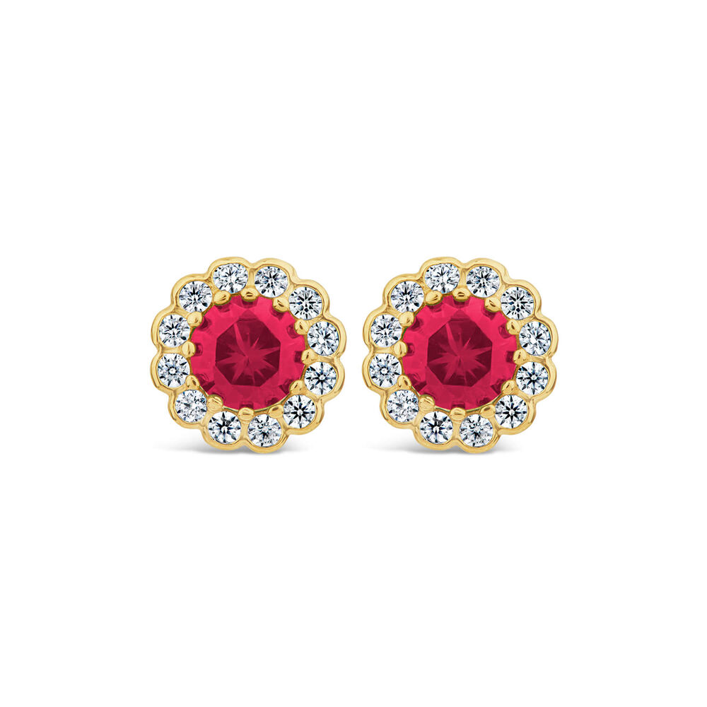 9ct Yellow Gold Simulated Ruby Flower Stud Earrings image number 0