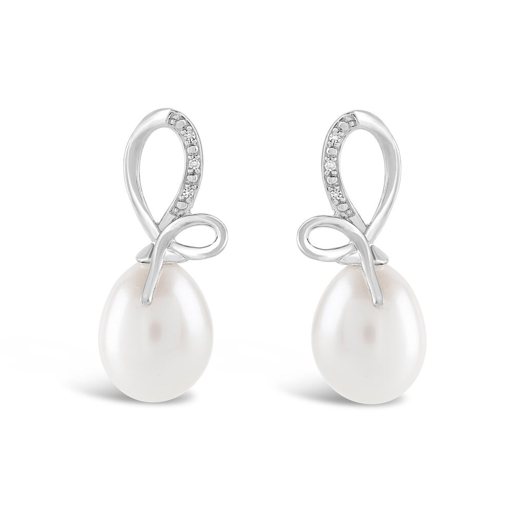 9ct White Gold Freshwater Pearl and 0.01ct Diamond Bow Top Earrings image number 0