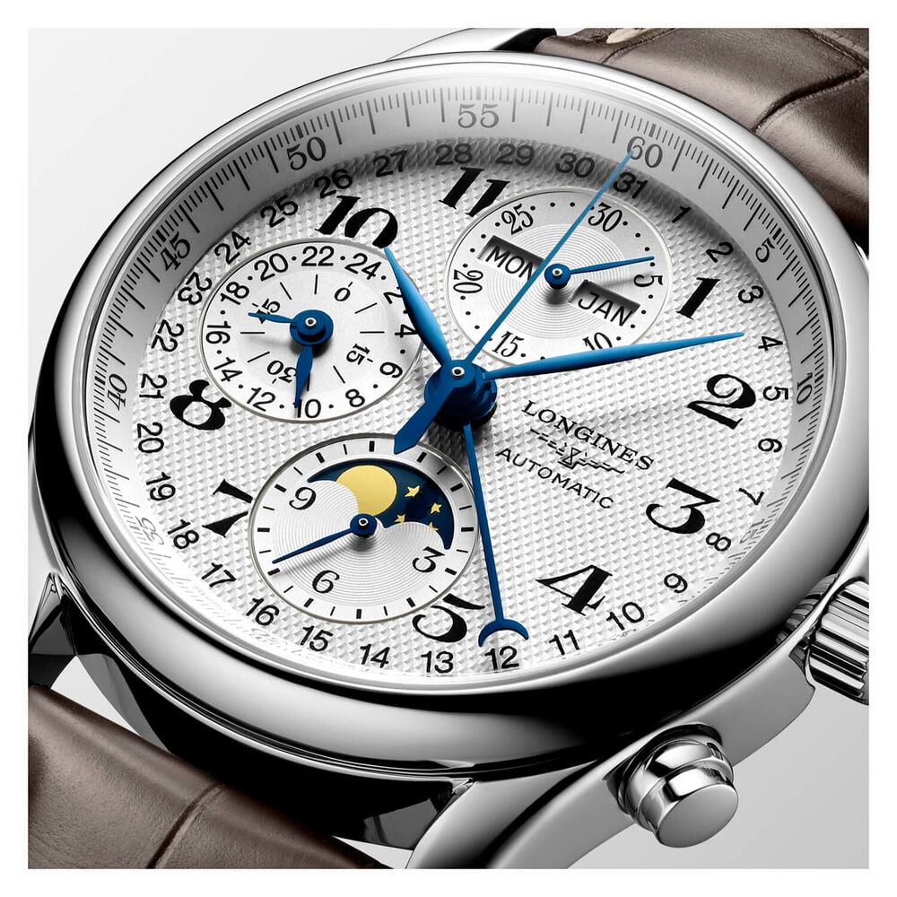 Longines Master Collection 40mm Automatic Chronograph Silver Dial Leather Strap Watch