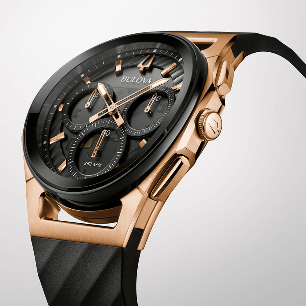Bulova CURV 44mm Black Dial Rose Gold Tone Steel Case Rubber Strap Watch image number 5