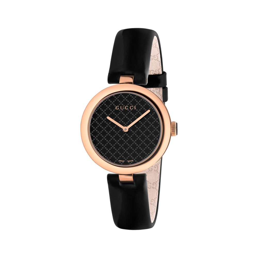 Gucci Diamantissima Ladies' Rose Gold-tone and Black Leather Strap Watch
