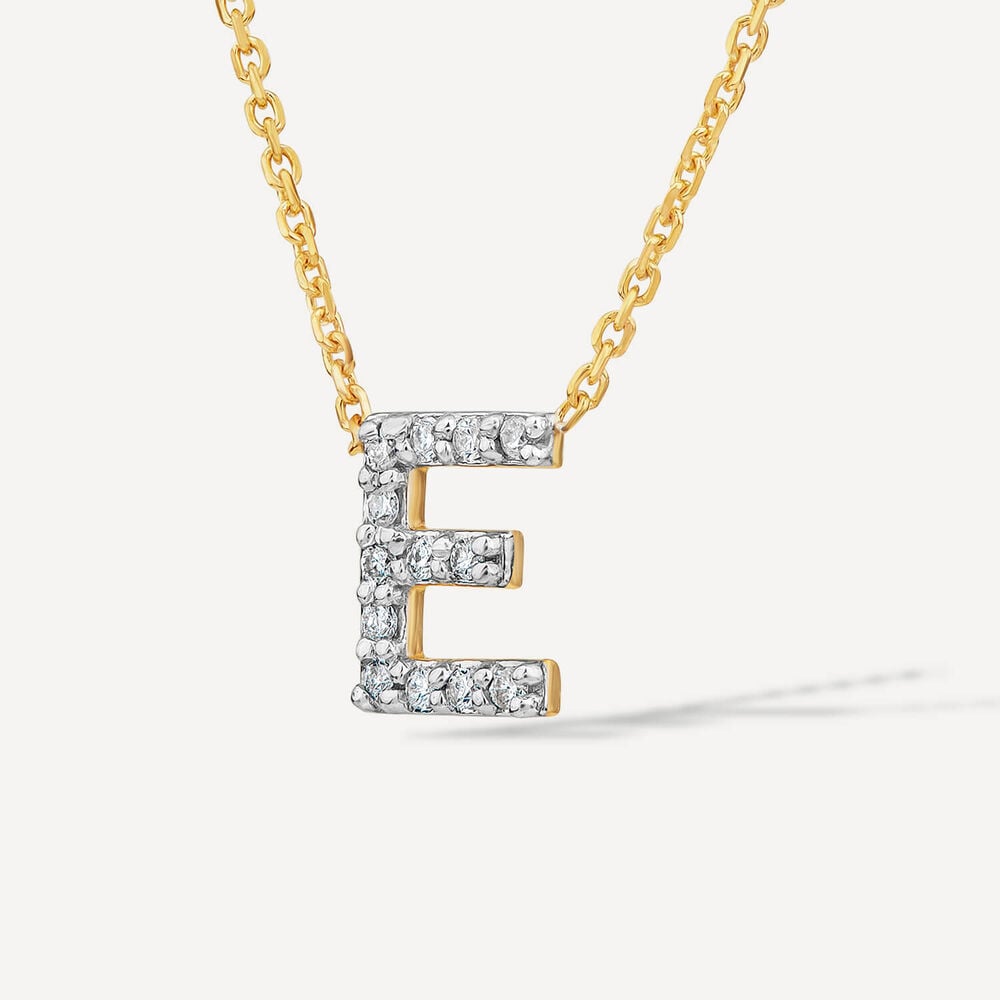 9ct Yellow Gold Petite 0.052ct Diamond Initial "E" Necklet image number 1