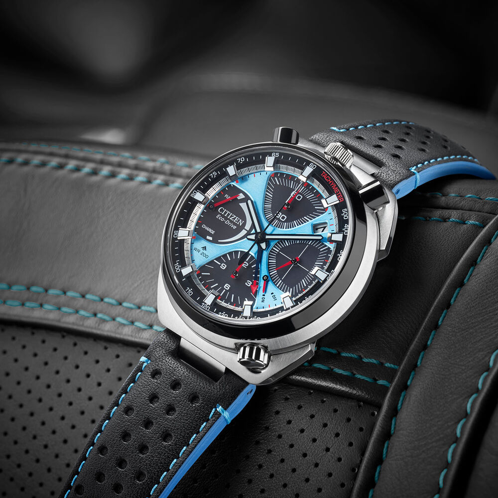 Citizen Promaster Bullhead Racing Chronograph 45mm Blue Dial Leather Strap Watch image number 7