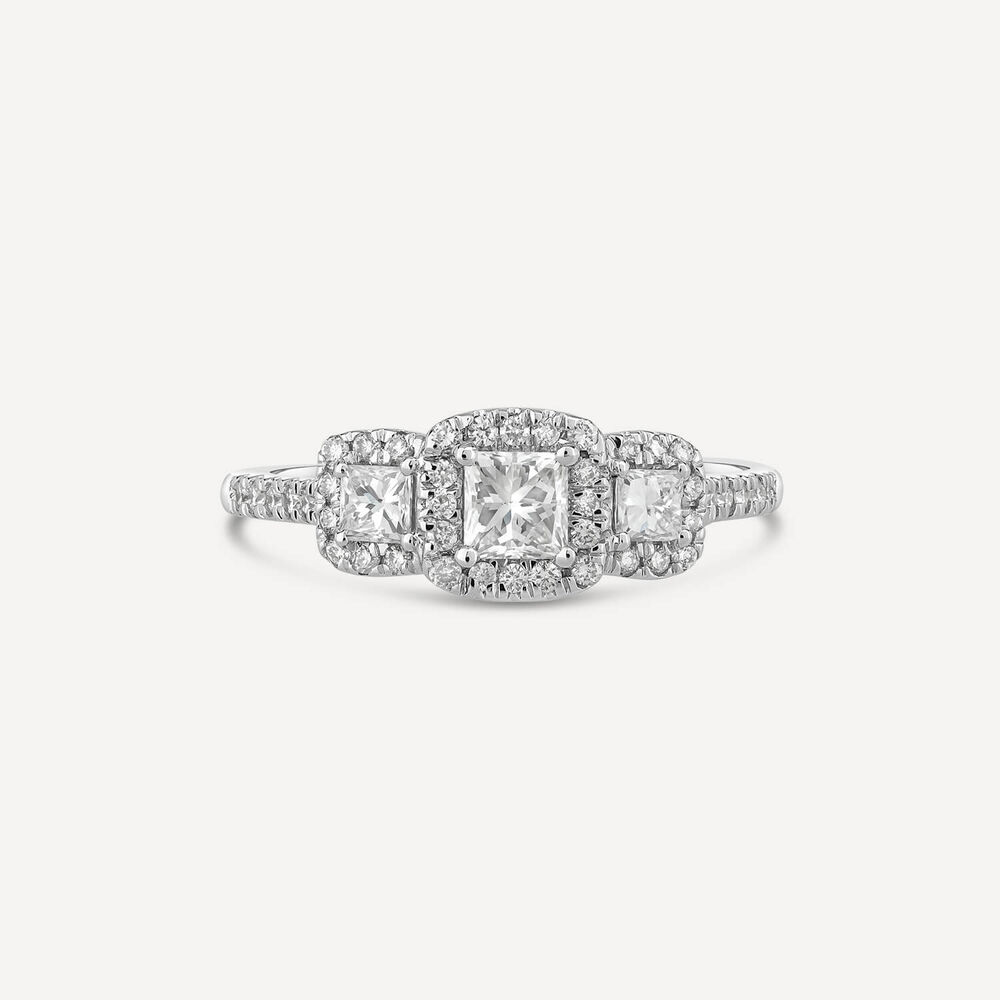 18ct White Gold Three Stone Princess Cut 0.75 Carat Stone Set Shoulders Diamond Ring