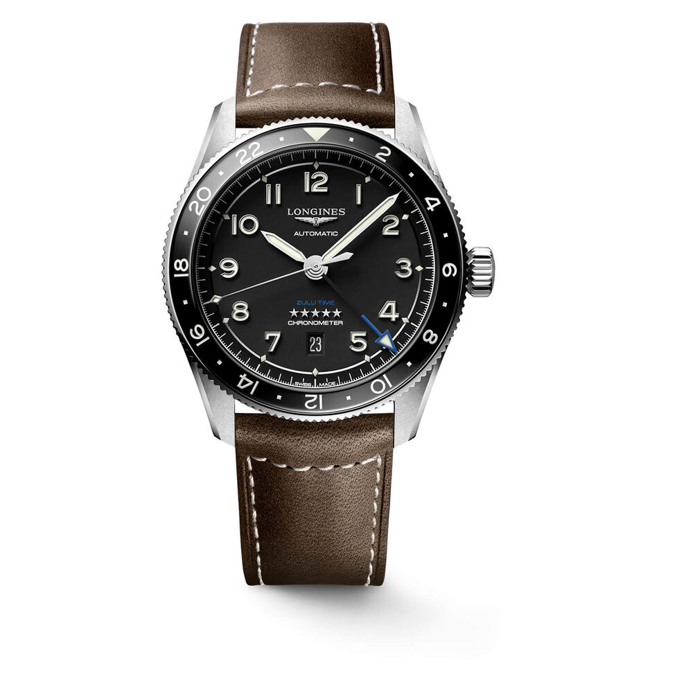 Longines Avigation Spirit Zulu 42mm Automatic Black Dial Black Bezel Steel Case Brown Leather Strap Watch