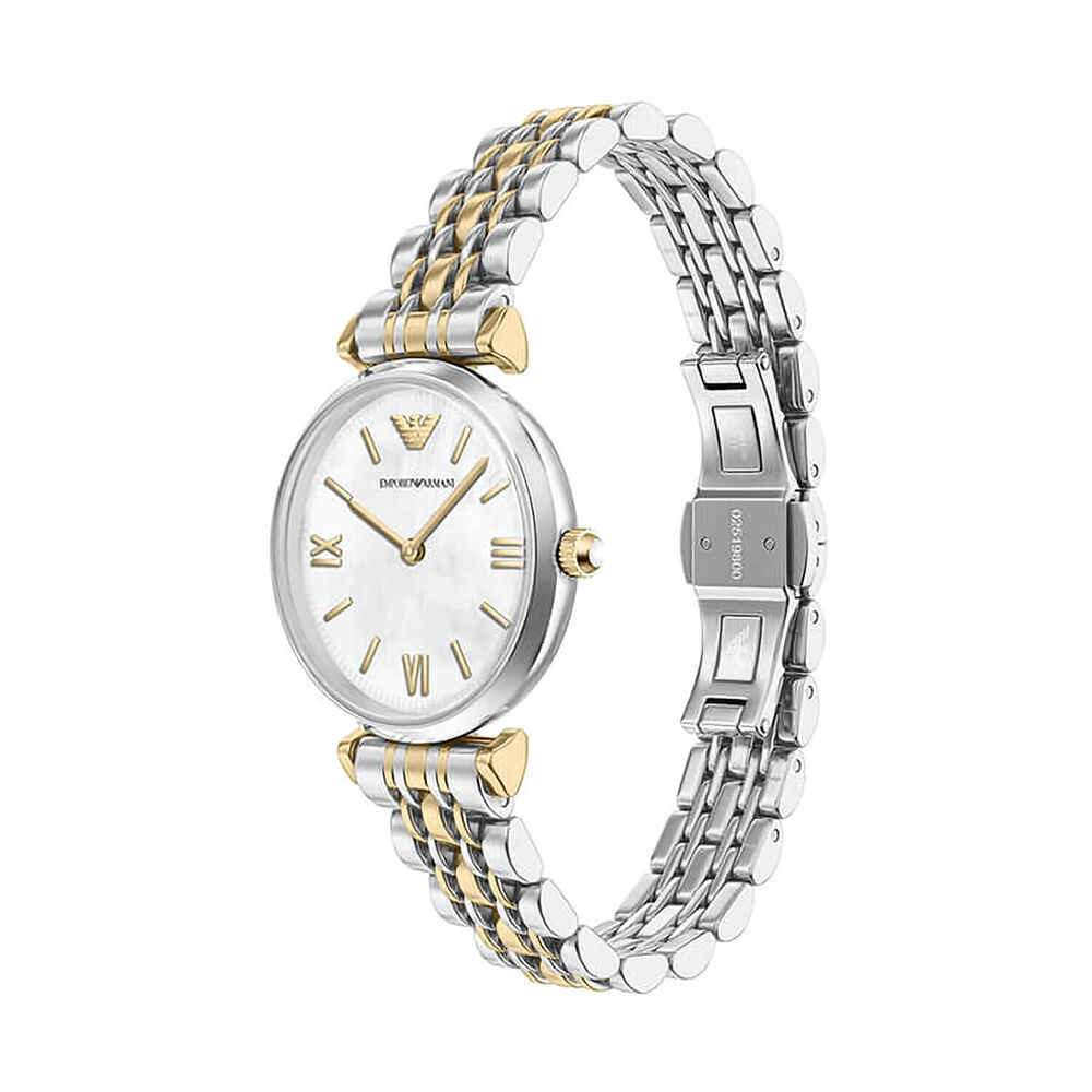 Emporio Armani Gianni T-Bar 28mm Mother of Pearl Dial Two Tone Stainless Steel Bracelet Watch