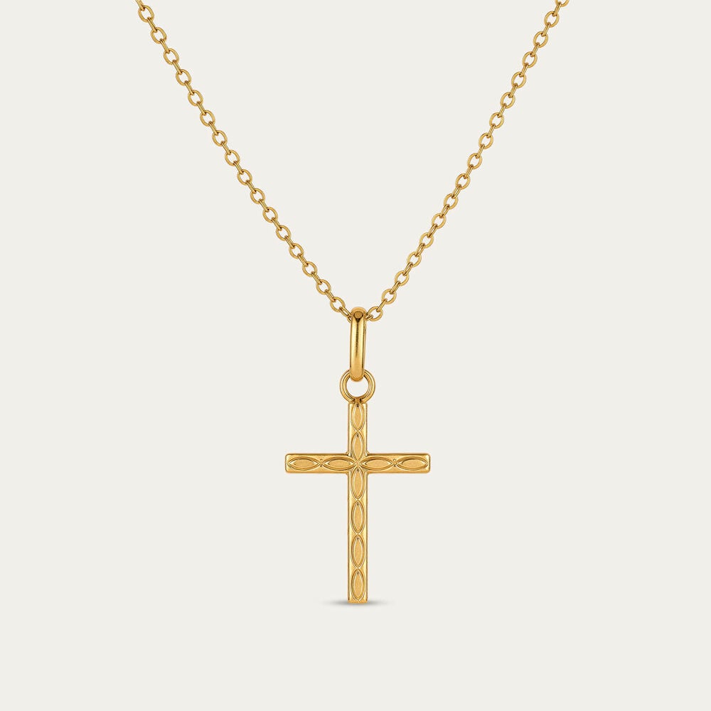Yellow Gold Plated Sterling Silver Patterned Cross Pendant (Chain Included)